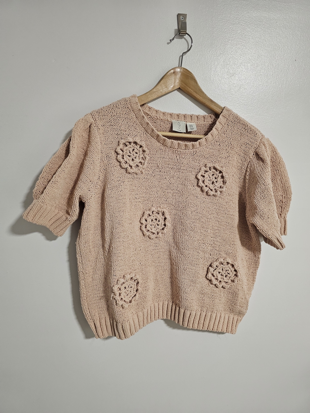 Joie Floral Knit Sweater Short Sleeves Light Pink XL Boho Chic Feminine